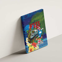 Fiji Iguana-Coat of Arms Canvas Wall Art with Hibiscus and Plumeria Palm Tree Tapa Art