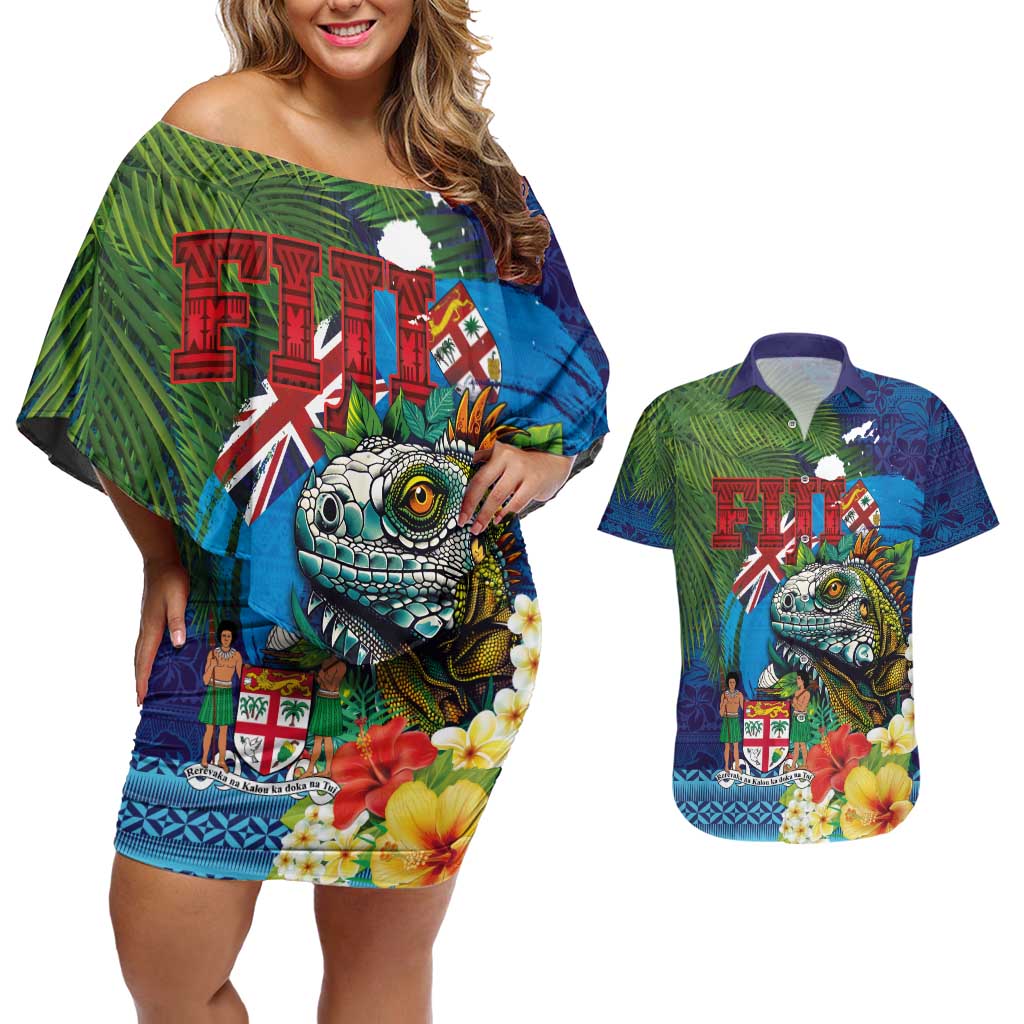 Fiji Iguana-Coat of Arms Couples Matching Off Shoulder Short Dress and Hawaiian Shirt with Hibiscus and Plumeria Palm Tree Tapa Art