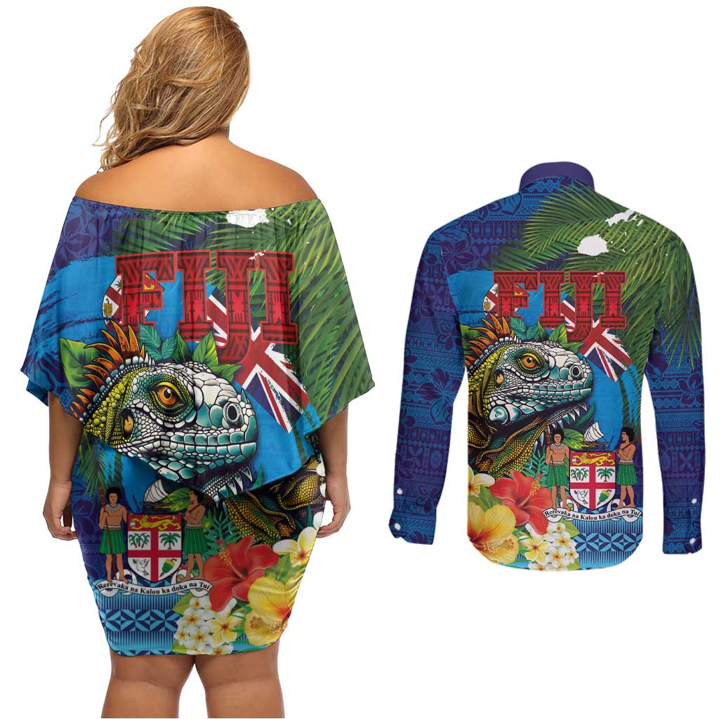 Fiji Iguana-Coat of Arms Couples Matching Off Shoulder Short Dress and Long Sleeve Button Shirt with Hibiscus and Plumeria Palm Tree Tapa Art
