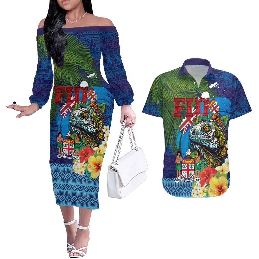 Fiji Iguana-Coat of Arms Couples Matching Off The Shoulder Long Sleeve Dress and Hawaiian Shirt with Hibiscus and Plumeria Palm Tree Tapa Art