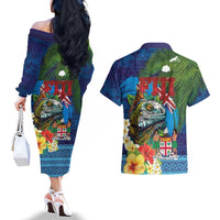 Fiji Iguana-Coat of Arms Couples Matching Off The Shoulder Long Sleeve Dress and Hawaiian Shirt with Hibiscus and Plumeria Palm Tree Tapa Art