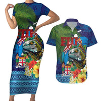 Fiji Iguana-Coat of Arms Couples Matching Short Sleeve Bodycon Dress and Hawaiian Shirt with Hibiscus and Plumeria Palm Tree Tapa Art