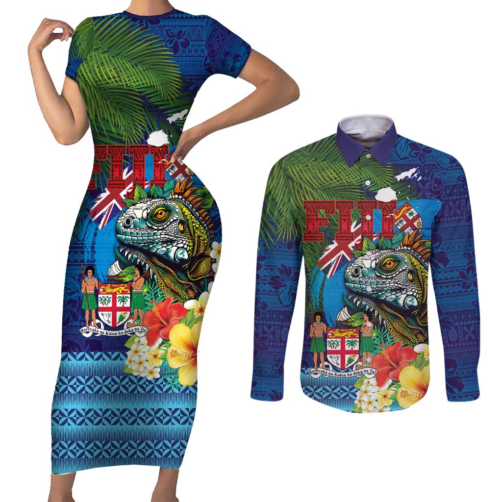 Fiji Iguana-Coat of Arms Couples Matching Short Sleeve Bodycon Dress and Long Sleeve Button Shirt with Hibiscus and Plumeria Palm Tree Tapa Art