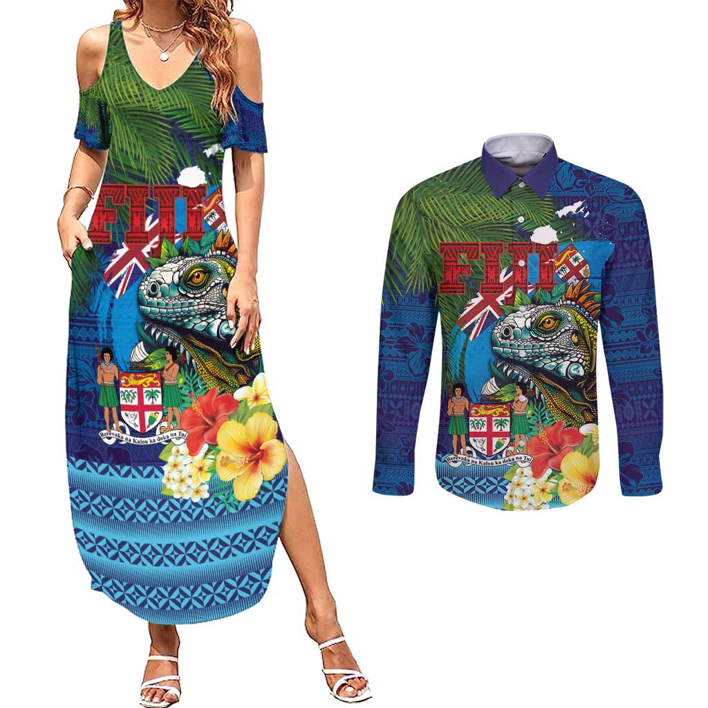 Fiji Iguana-Coat of Arms Couples Matching Summer Maxi Dress and Long Sleeve Button Shirt with Hibiscus and Plumeria Palm Tree Tapa Art