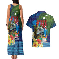 Fiji Iguana-Coat of Arms Couples Matching Tank Maxi Dress and Hawaiian Shirt with Hibiscus and Plumeria Palm Tree Tapa Art