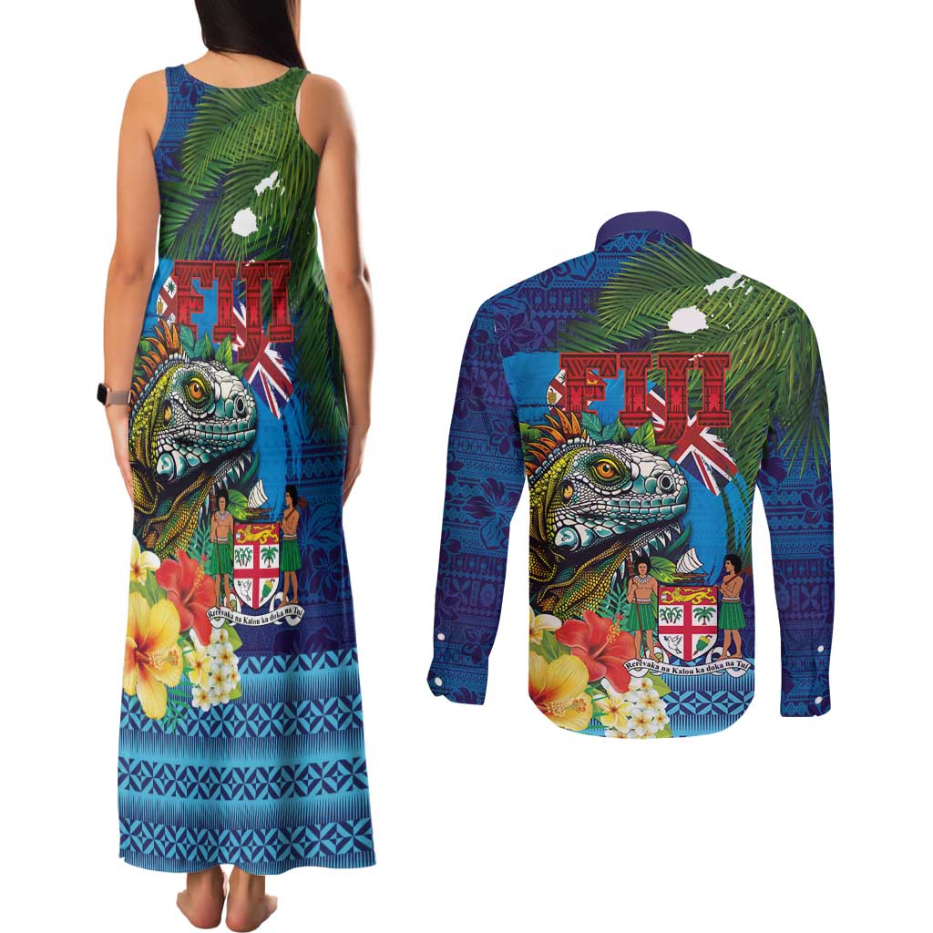 Fiji Iguana-Coat of Arms Couples Matching Tank Maxi Dress and Long Sleeve Button Shirt with Hibiscus and Plumeria Palm Tree Tapa Art