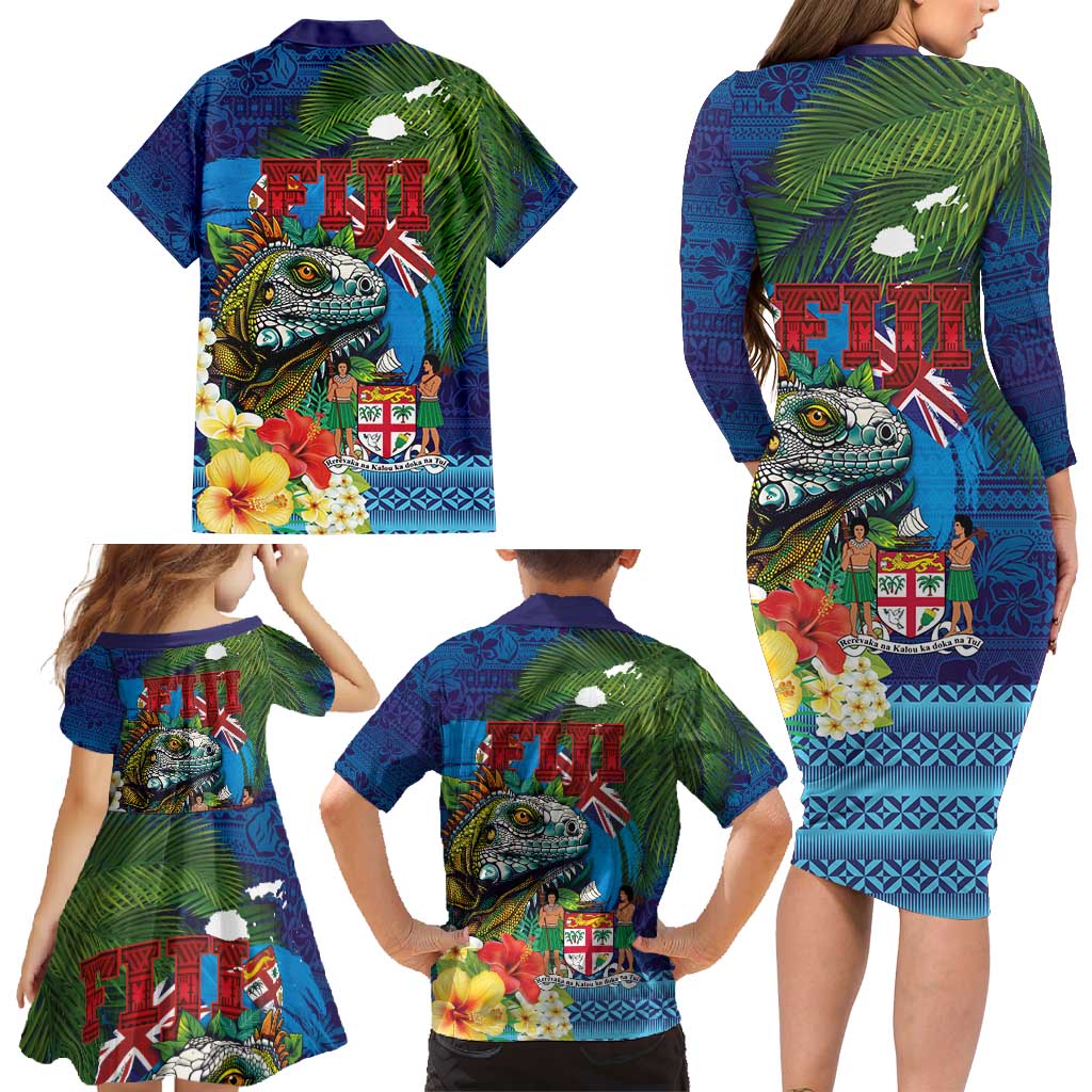 Fiji Iguana-Coat of Arms Family Matching Long Sleeve Bodycon Dress and Hawaiian Shirt with Hibiscus and Plumeria Palm Tree Tapa Art