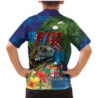 Fiji Iguana-Coat of Arms Family Matching Mermaid Dress and Hawaiian Shirt with Hibiscus and Plumeria Palm Tree Tapa Art