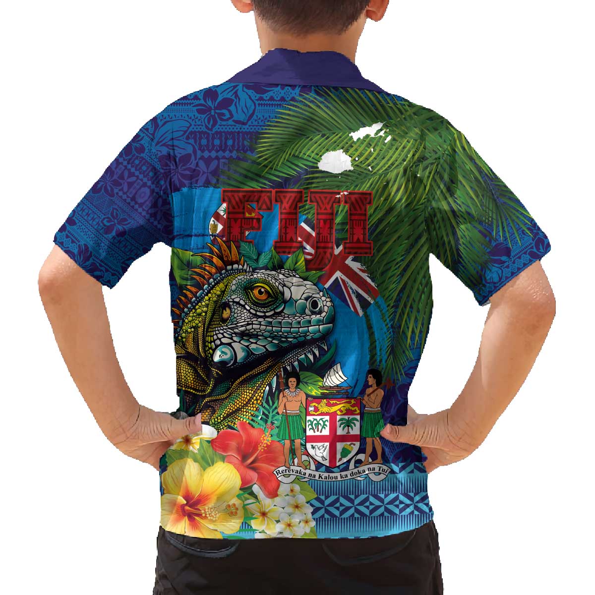 Fiji Iguana-Coat of Arms Family Matching Off The Shoulder Long Sleeve Dress and Hawaiian Shirt with Hibiscus and Plumeria Palm Tree Tapa Art