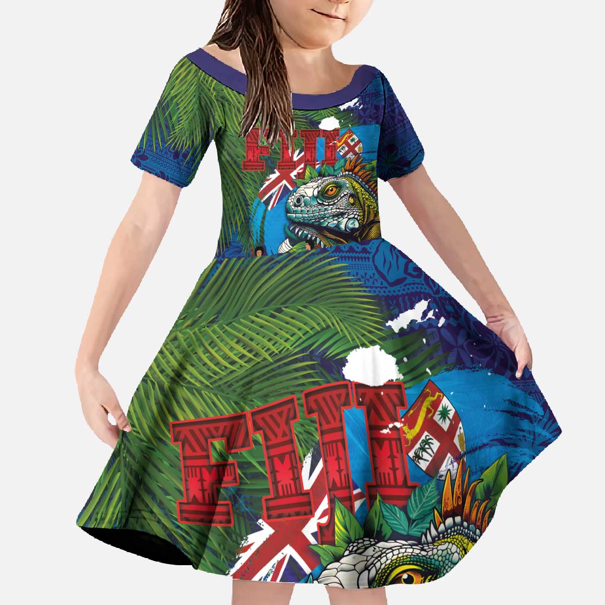 Fiji Iguana-Coat of Arms Family Matching Off The Shoulder Long Sleeve Dress and Hawaiian Shirt with Hibiscus and Plumeria Palm Tree Tapa Art