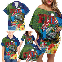 Fiji Iguana-Coat of Arms Family Matching Off Shoulder Short Dress and Hawaiian Shirt with Hibiscus and Plumeria Palm Tree Tapa Art