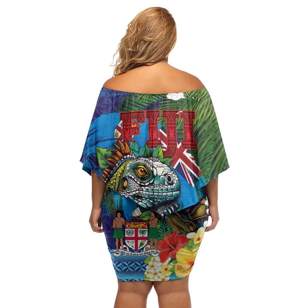 Fiji Iguana-Coat of Arms Family Matching Off Shoulder Short Dress and Hawaiian Shirt with Hibiscus and Plumeria Palm Tree Tapa Art