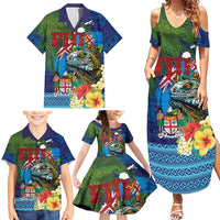 Fiji Iguana-Coat of Arms Family Matching Summer Maxi Dress and Hawaiian Shirt with Hibiscus and Plumeria Palm Tree Tapa Art