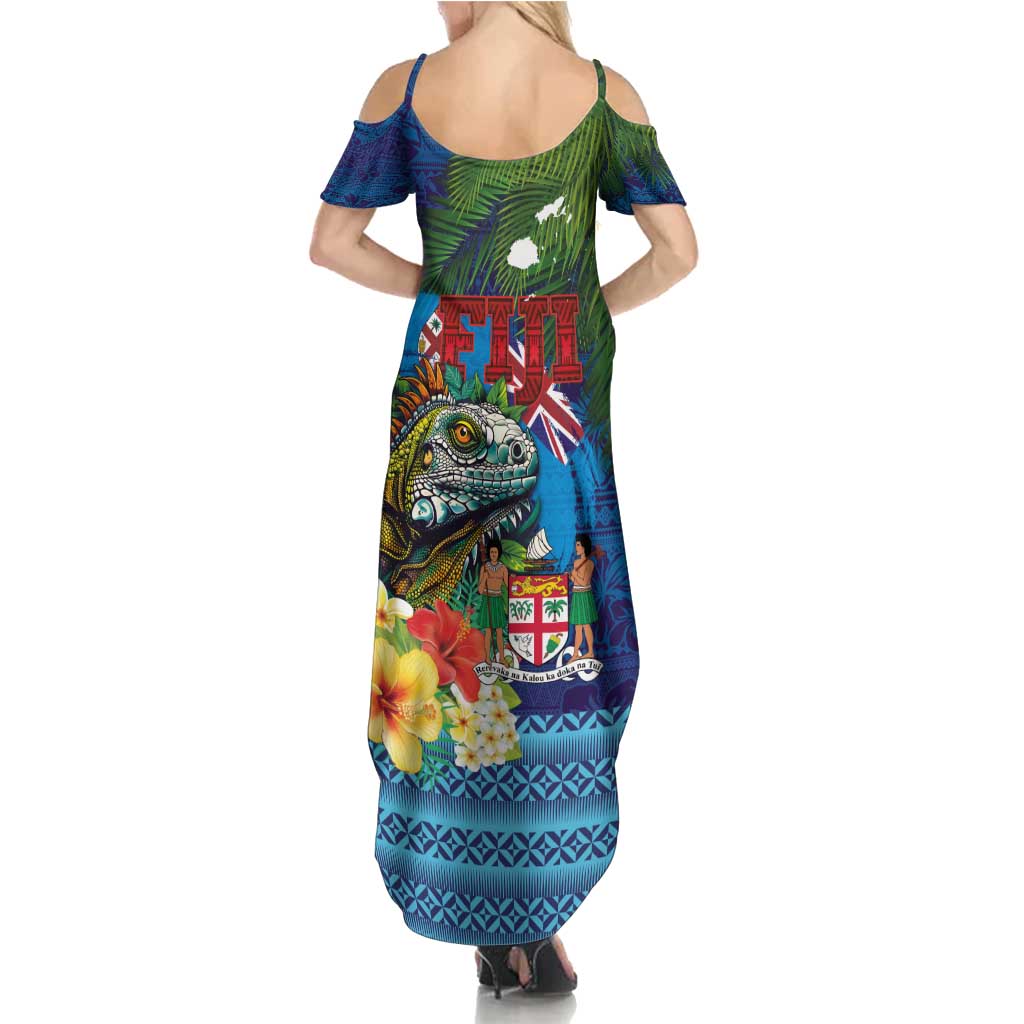 Fiji Iguana-Coat of Arms Family Matching Summer Maxi Dress and Hawaiian Shirt with Hibiscus and Plumeria Palm Tree Tapa Art