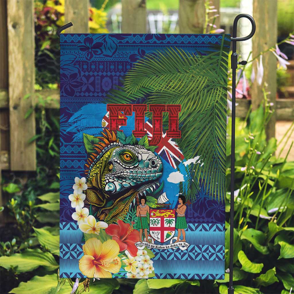 Fiji Iguana-Coat of Arms Garden Flag with Hibiscus and Plumeria Palm Tree Tapa Art