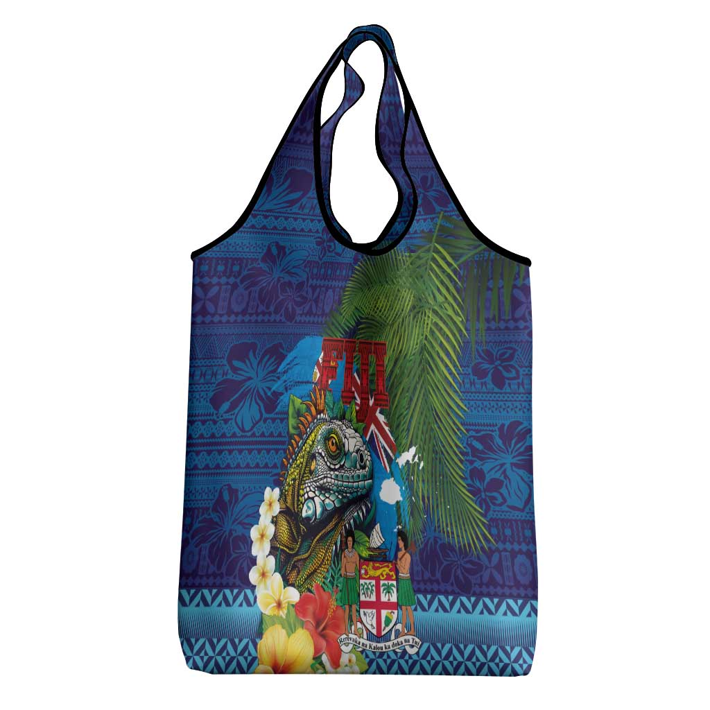 Fiji Iguana-Coat of Arms Grocery Bag with Hibiscus and Plumeria Palm Tree Tapa Art