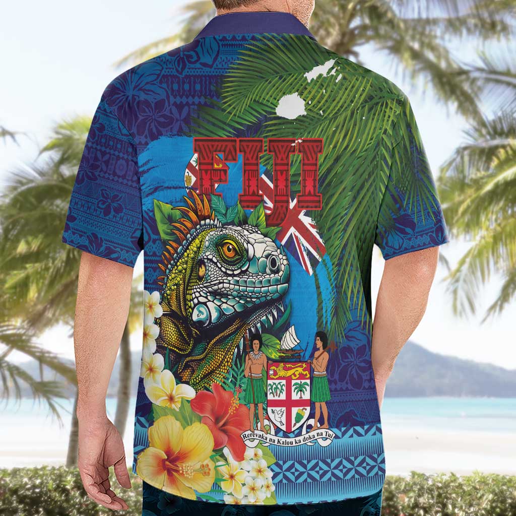 Fiji Iguana-Coat of Arms Hawaiian Shirt with Hibiscus and Plumeria Palm Tree Tapa Art