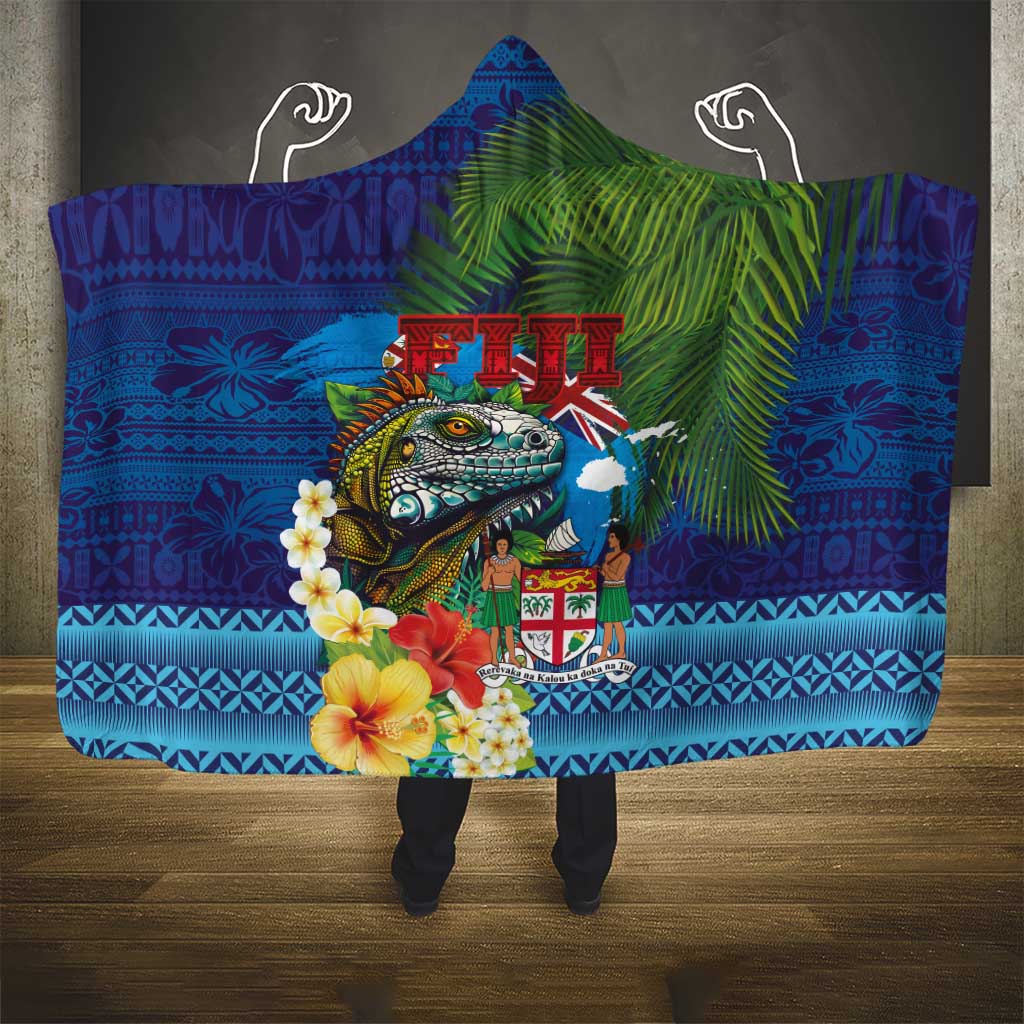 Fiji Iguana-Coat of Arms Hooded Blanket with Hibiscus and Plumeria Palm Tree Tapa Art