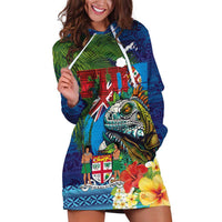 Fiji Iguana-Coat of Arms Hoodie Dress with Hibiscus and Plumeria Palm Tree Tapa Art