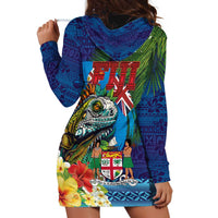 Fiji Iguana-Coat of Arms Hoodie Dress with Hibiscus and Plumeria Palm Tree Tapa Art