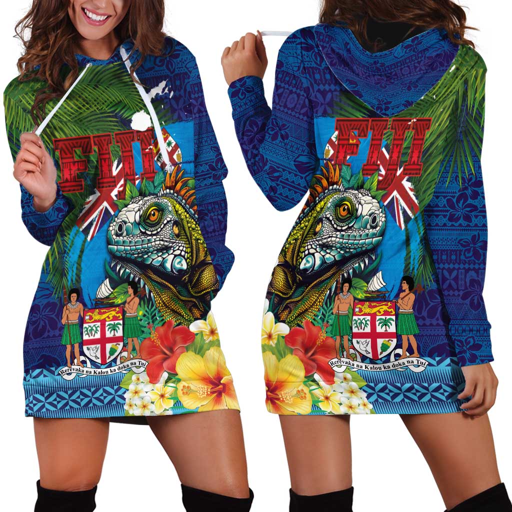 Fiji Iguana-Coat of Arms Hoodie Dress with Hibiscus and Plumeria Palm Tree Tapa Art