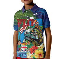Fiji Iguana-Coat of Arms Kid Polo Shirt with Hibiscus and Plumeria Palm Tree Tapa Art