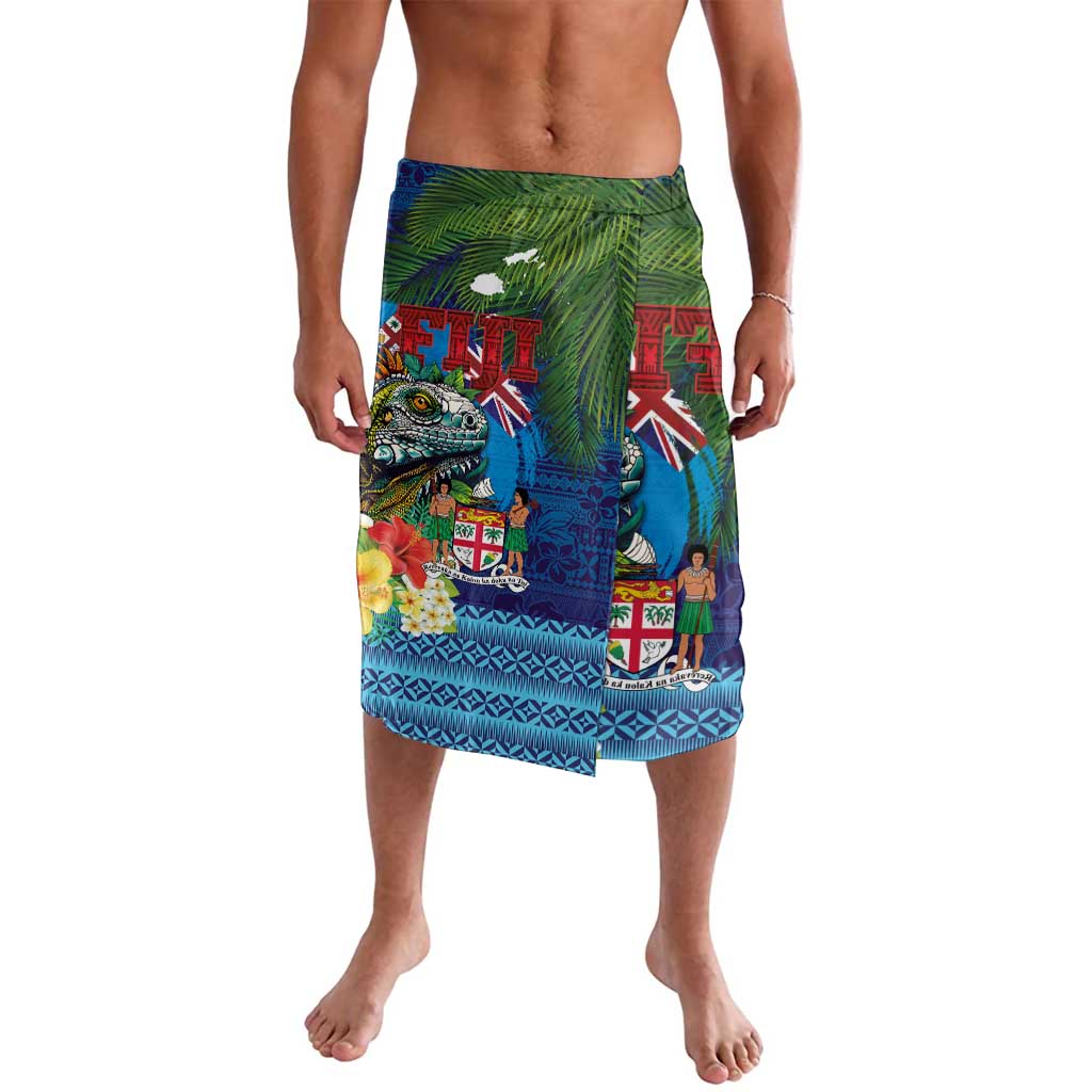 Fiji Iguana-Coat of Arms Lavalava with Hibiscus and Plumeria Palm Tree Tapa Art