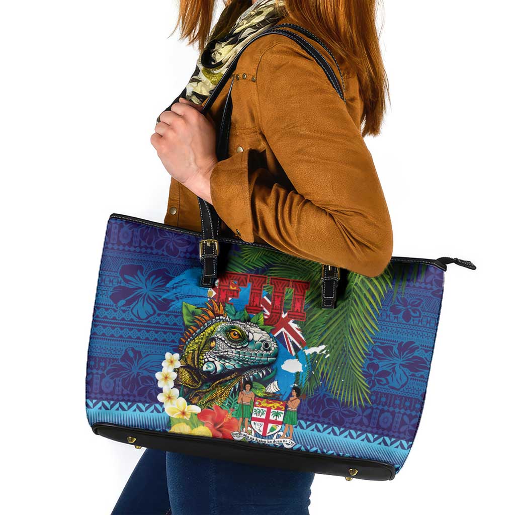 Fiji Iguana-Coat of Arms Leather Tote Bag with Hibiscus and Plumeria Palm Tree Tapa Art