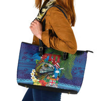 Fiji Iguana-Coat of Arms Leather Tote Bag with Hibiscus and Plumeria Palm Tree Tapa Art