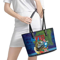 Fiji Iguana-Coat of Arms Leather Tote Bag with Hibiscus and Plumeria Palm Tree Tapa Art