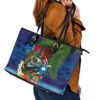 Fiji Iguana-Coat of Arms Leather Tote Bag with Hibiscus and Plumeria Palm Tree Tapa Art