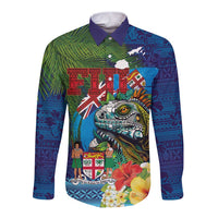 Fiji Iguana-Coat of Arms Long Sleeve Button Shirt with Hibiscus and Plumeria Palm Tree Tapa Art