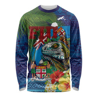 Fiji Iguana-Coat of Arms Long Sleeve Shirt with Hibiscus and Plumeria Palm Tree Tapa Art