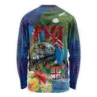 Fiji Iguana-Coat of Arms Long Sleeve Shirt with Hibiscus and Plumeria Palm Tree Tapa Art