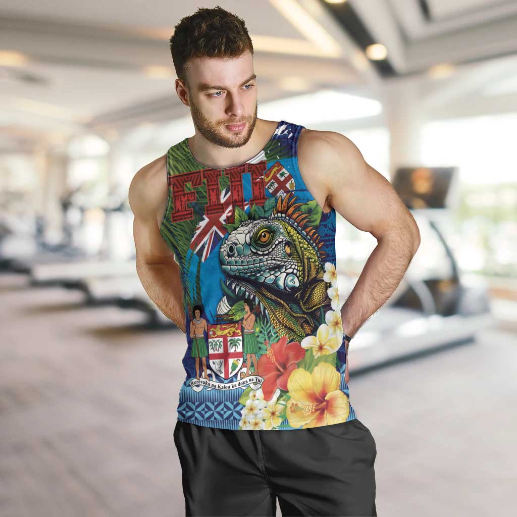 Fiji Iguana-Coat of Arms Men Tank Top with Hibiscus and Plumeria Palm Tree Tapa Art