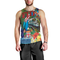 Fiji Iguana-Coat of Arms Men Tank Top with Hibiscus and Plumeria Palm Tree Tapa Art