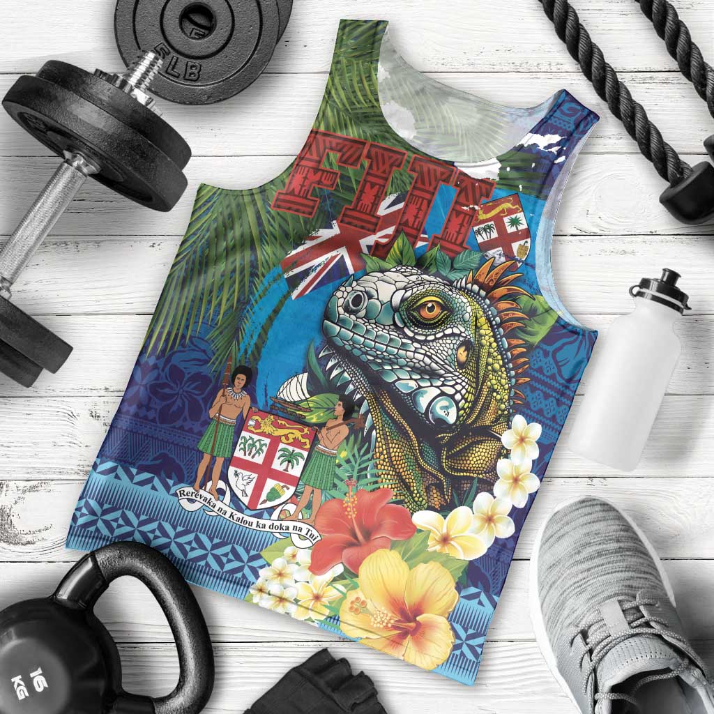 Fiji Iguana-Coat of Arms Men Tank Top with Hibiscus and Plumeria Palm Tree Tapa Art
