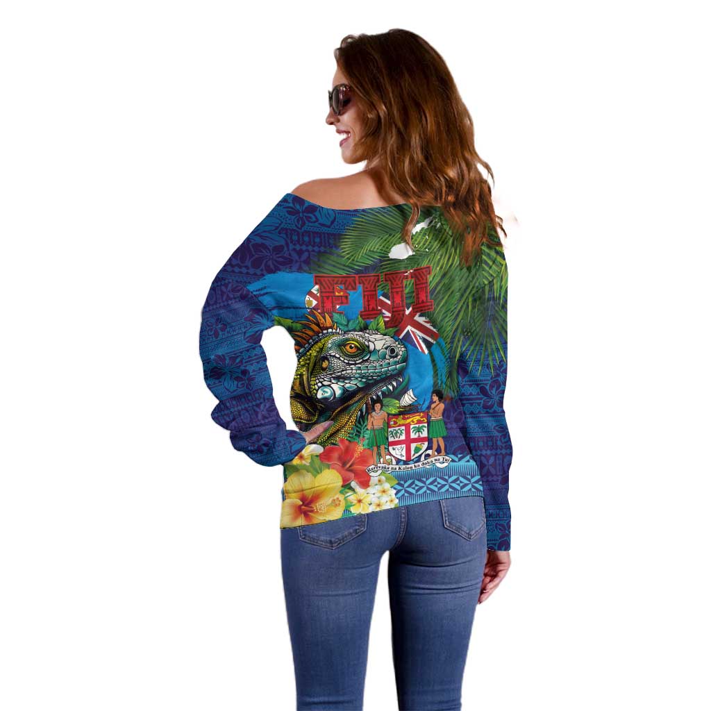 Fiji Iguana-Coat of Arms Off Shoulder Sweater with Hibiscus and Plumeria Palm Tree Tapa Art