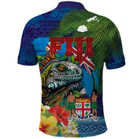 Fiji Iguana-Coat of Arms Polo Shirt with Hibiscus and Plumeria Palm Tree Tapa Art