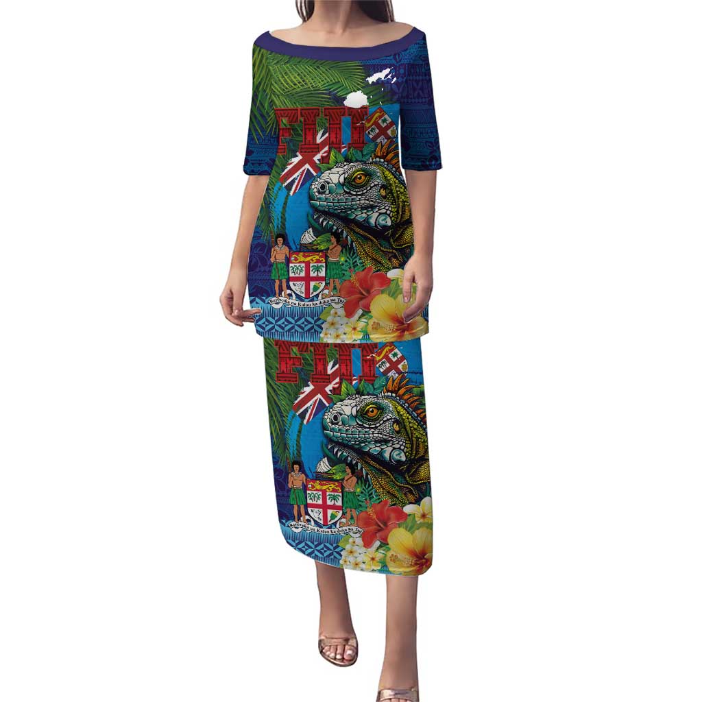 Fiji Iguana-Coat of Arms Puletasi with Hibiscus and Plumeria Palm Tree Tapa Art