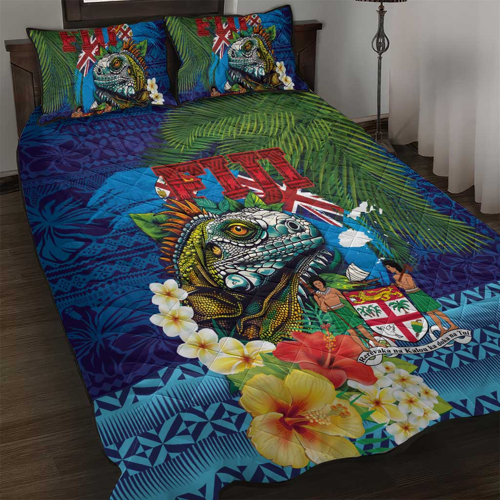 Fiji Iguana-Coat of Arms Quilt Bed Set with Hibiscus and Plumeria Palm Tree Tapa Art