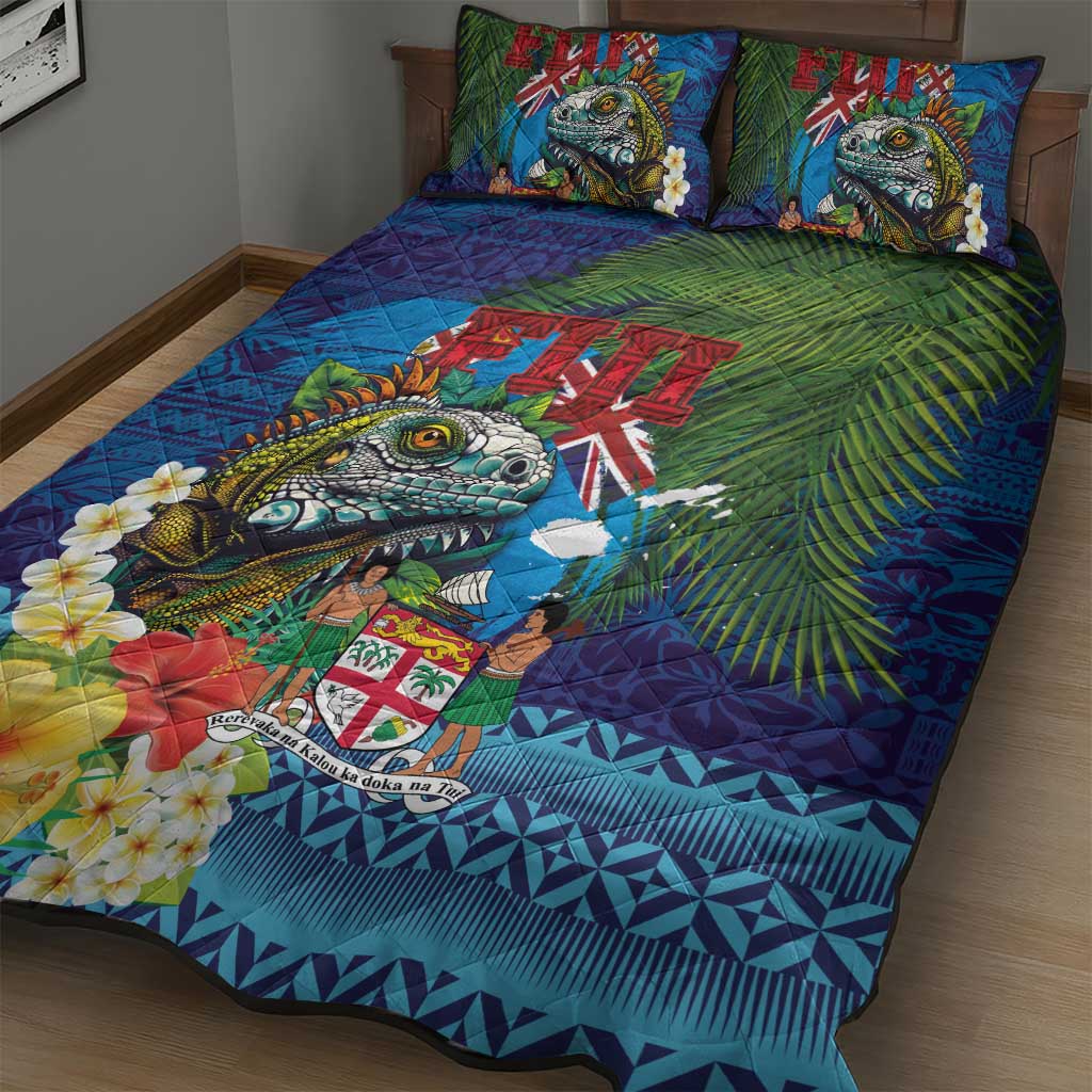 Fiji Iguana-Coat of Arms Quilt Bed Set with Hibiscus and Plumeria Palm Tree Tapa Art