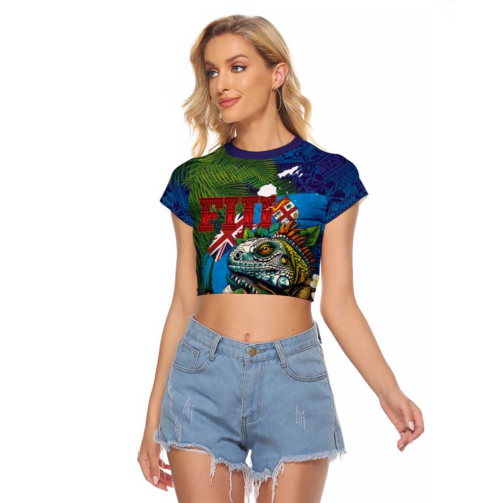 Fiji Iguana-Coat of Arms Raglan Cropped T Shirt with Hibiscus and Plumeria Palm Tree Tapa Art