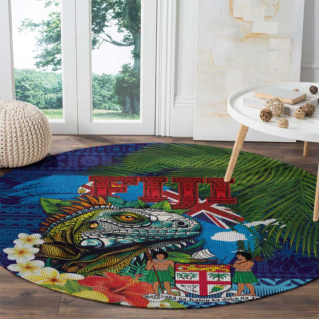 Fiji Iguana-Coat of Arms Round Carpet with Hibiscus and Plumeria Palm Tree Tapa Art