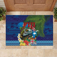 Fiji Iguana-Coat of Arms Rubber Doormat with Hibiscus and Plumeria Palm Tree Tapa Art