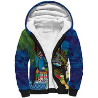 Fiji Iguana-Coat of Arms Sherpa Hoodie with Hibiscus and Plumeria Palm Tree Tapa Art