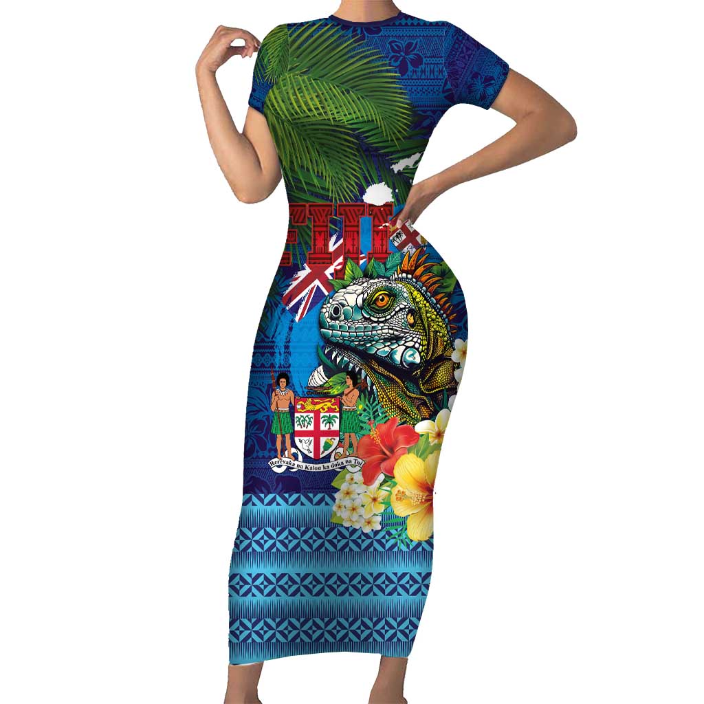 Fiji Iguana-Coat of Arms Short Sleeve Bodycon Dress with Hibiscus and Plumeria Palm Tree Tapa Art