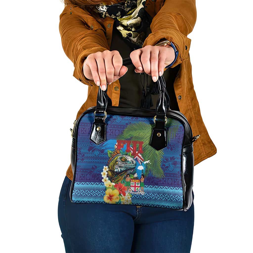 Fiji Iguana-Coat of Arms Shoulder Handbag with Hibiscus and Plumeria Palm Tree Tapa Art