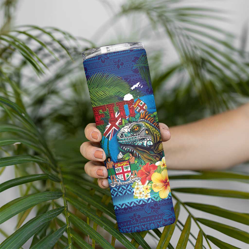 Fiji Iguana-Coat of Arms Skinny Tumbler with Hibiscus and Plumeria Palm Tree Tapa Art LT03 - Polynesian Pride