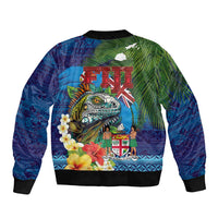 Fiji Iguana-Coat of Arms Sleeve Zip Bomber Jacket with Hibiscus and Plumeria Palm Tree Tapa Art